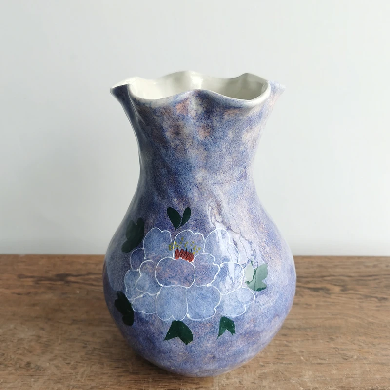 景德镇陶瓷复古创意卡通花瓶工艺品蓝色可水培高26cm口径11cm家用