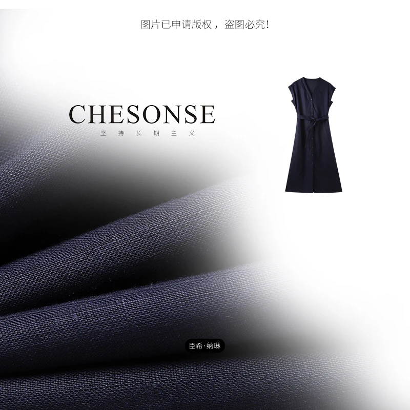 连衣裙女【冰雪湖】平纹亚麻V领无袖连衣裙25108