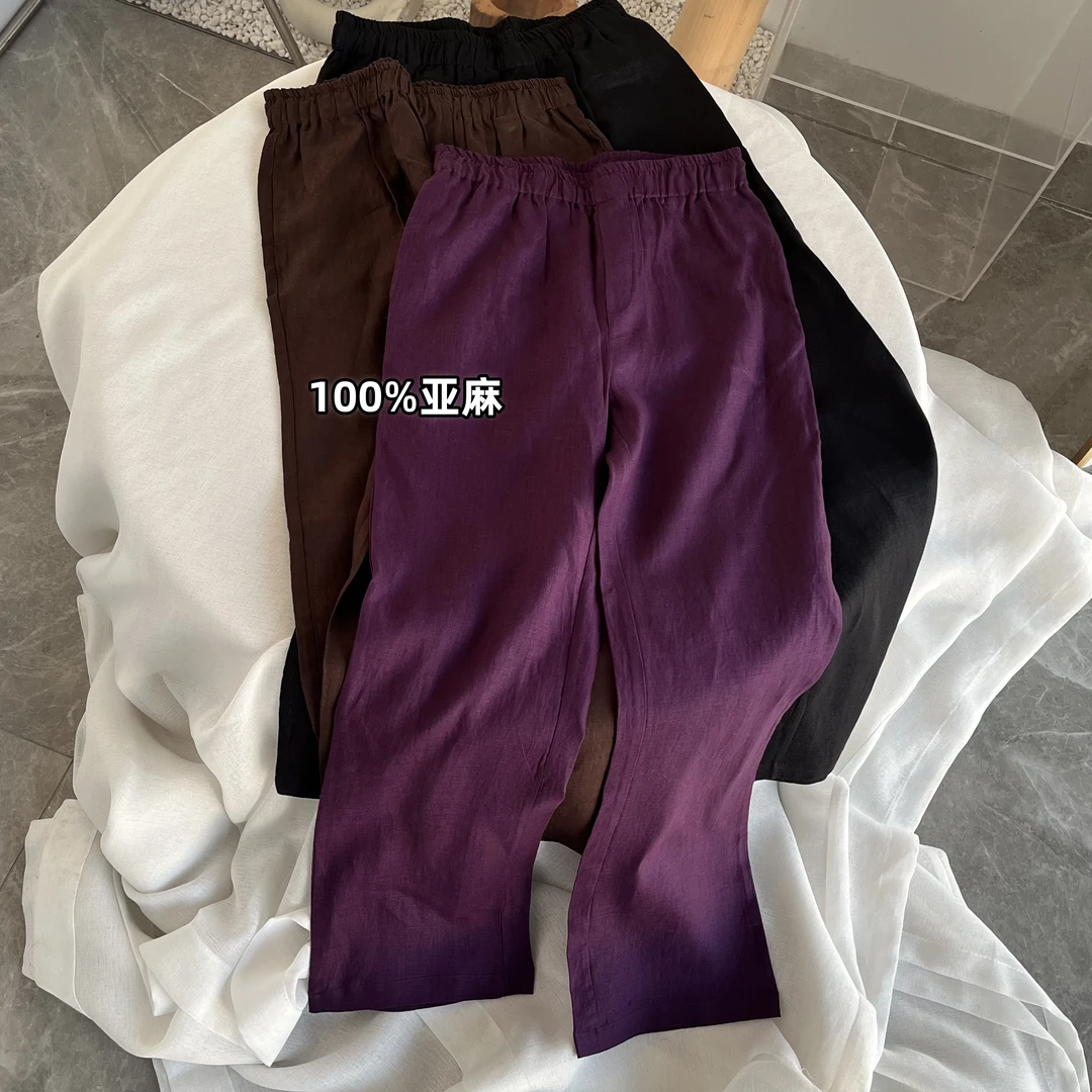 100%亚麻~9136窄版直筒裤~高腰休闲松紧腰百搭女裤纯色韩版