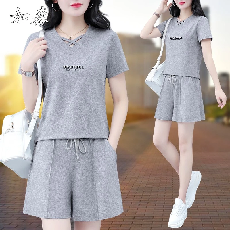 贵系短袖短裤套装女2025新款夏季时髦洋气跑步灰色休闲运动两件套