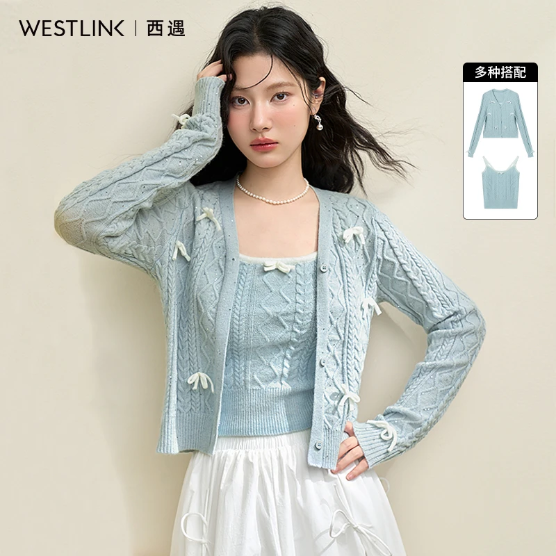 Westlink蝴蝶结针织吊带背心女2024年秋季新款甜美修身百搭上衣