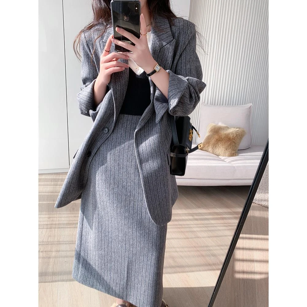 西装套装女2025冬新款韩版时尚气质半身裙羊毛呢子覆古裙两件套