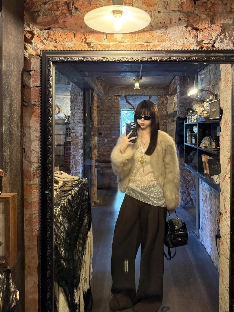 【时髦欧尼】2025冬季新款宽松气质毛毛外套配高腰休闲阔腿裤两件套