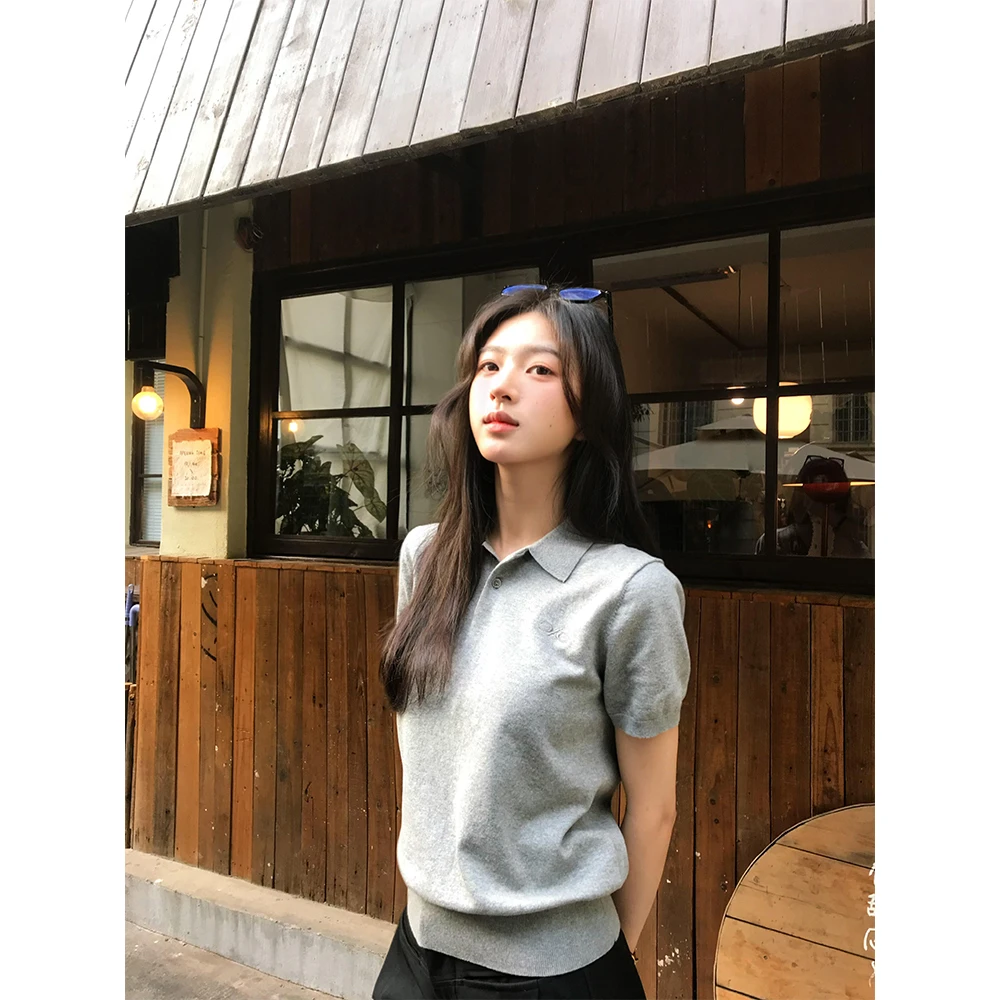 高级感灰色百搭女夏季针织衫polo领T恤小个子简约休闲短袖上衣薄