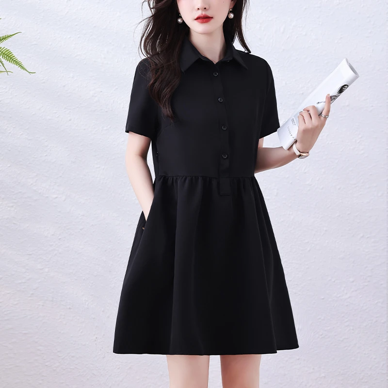 赫本风小黑裙2025夏季新款简约通勤时尚减龄韩版标准短袖连衣裙女