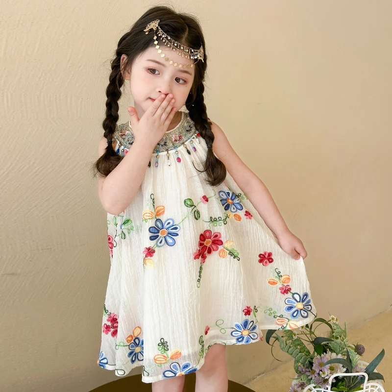 女童夏季2025新款儿童民族风裙子女宝花朵公主裙绣花礼服连衣裙