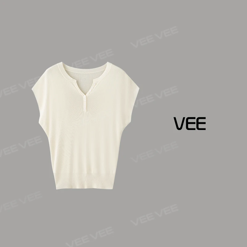 VEE【闪光点】时尚纯色简约飞飞袖圆V领亮片针织衫
