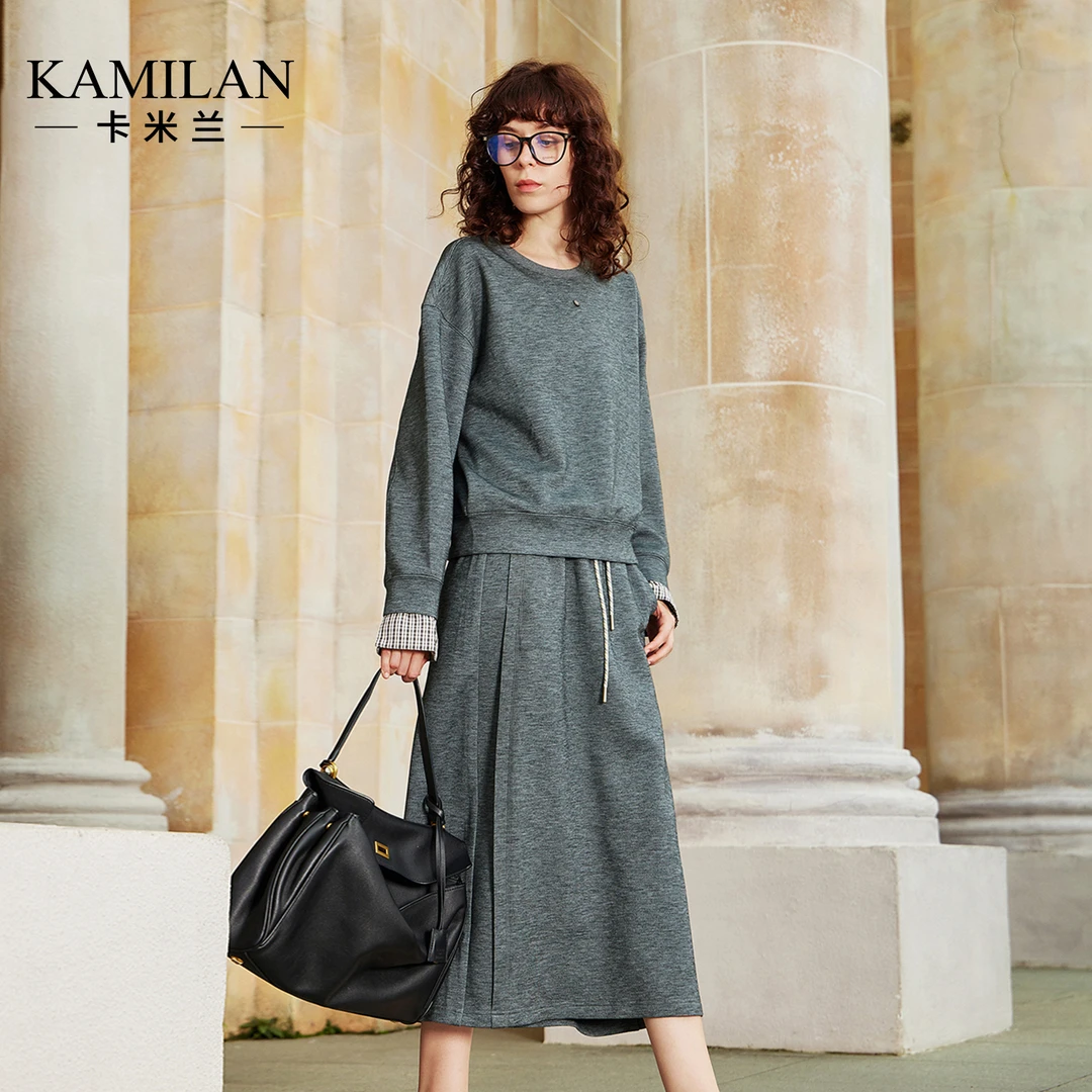 卡米兰卫衣上衣休闲半身裙长裤女2025秋季新款流行气质时尚套装