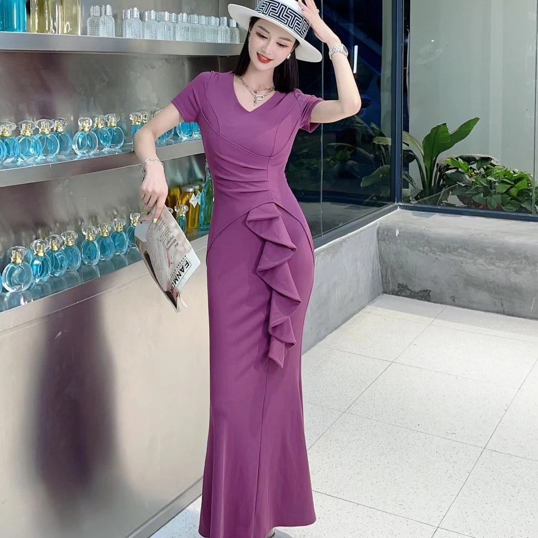 （清）气质名媛优雅女人味修身显瘦V领短袖荷叶边遮肚子鱼尾连衣裙