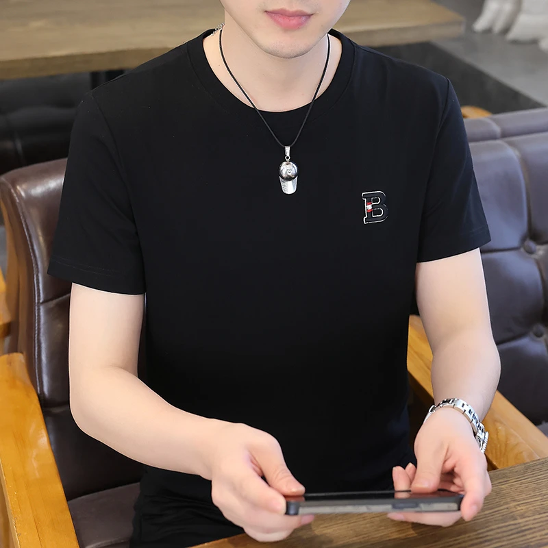 夏季新款男士高级薄款短袖t恤潮流冰丝半袖圆领衣服男士网红短袖
