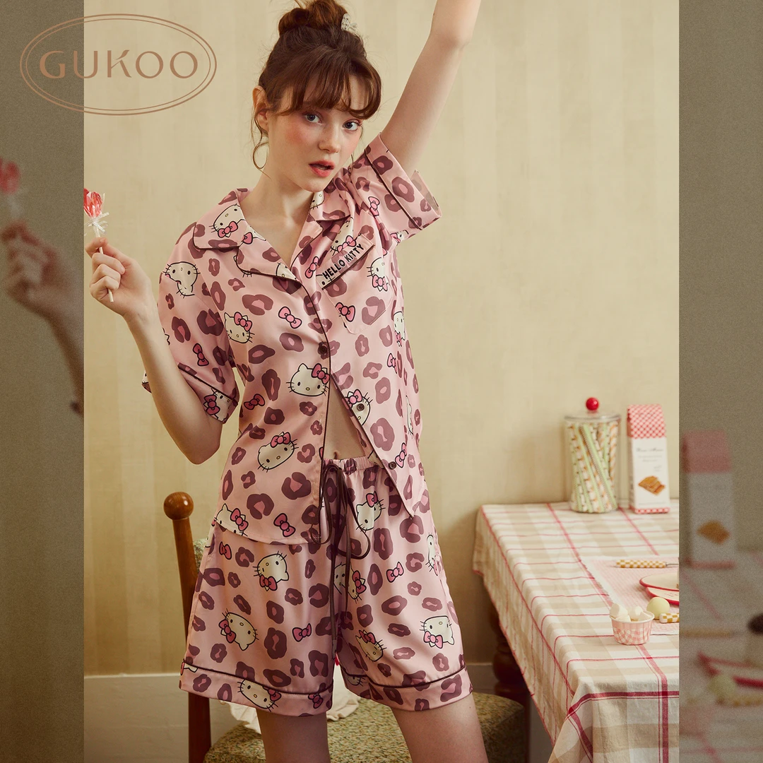 【Gukoo果壳】hellokitty睡衣短袖甜美豹纹满印夏季冰丝家居服套装