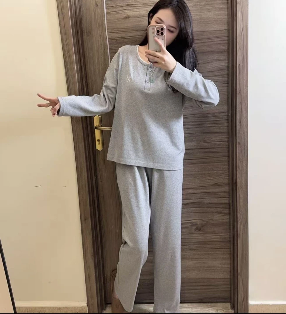 HMF秋冬新款女士带胸垫睡衣长袖长裤套装 花灰棉时尚简约可外穿