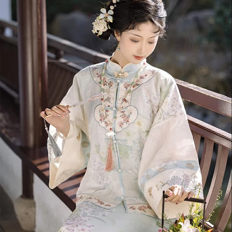 川黛时光：翠珠香草 重工圆领衫全开襟中长款旗袍清汉女套装春夏