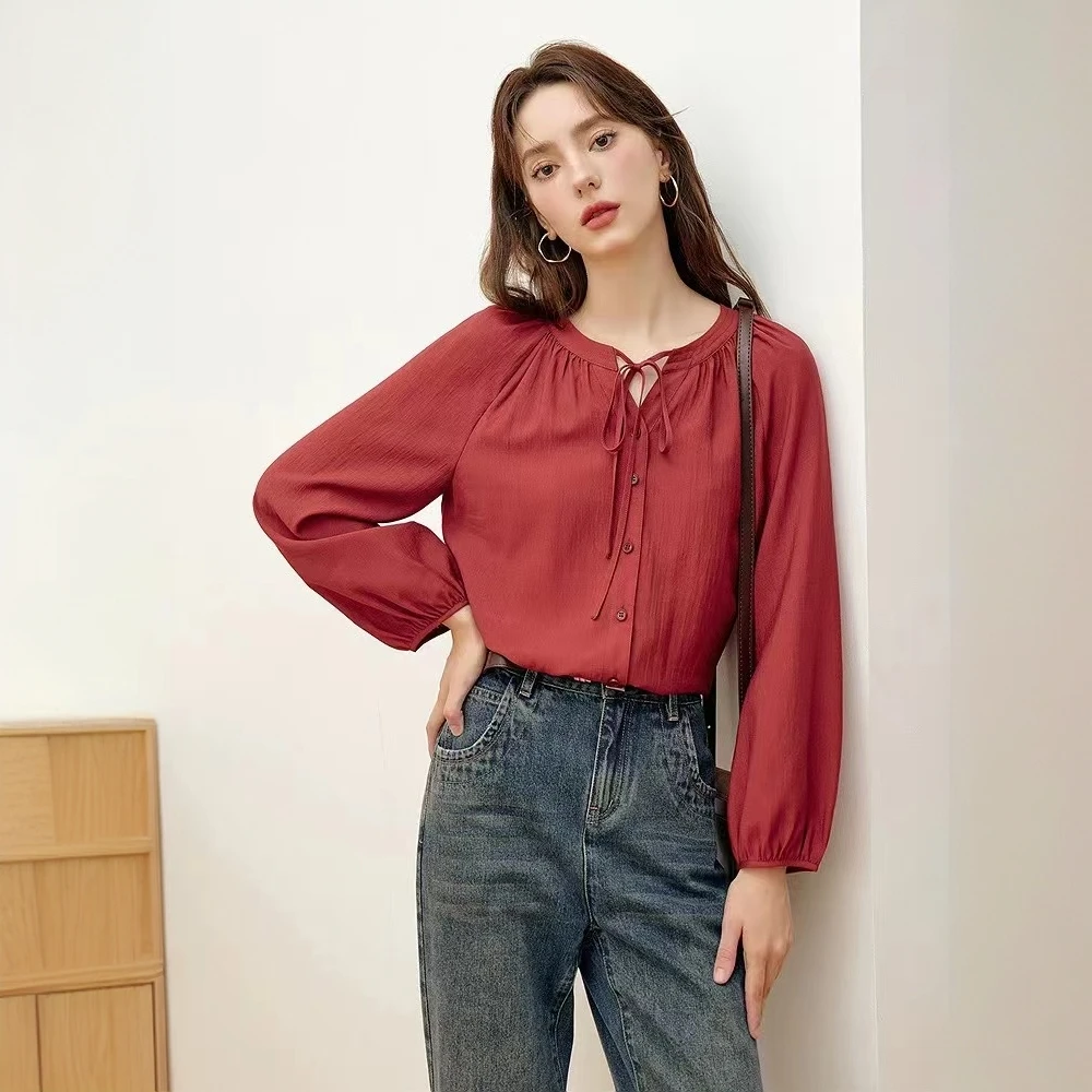 【F836】衬衫系带雪纺衫秋季法式长袖褶皱纯色小衫显瘦圆领