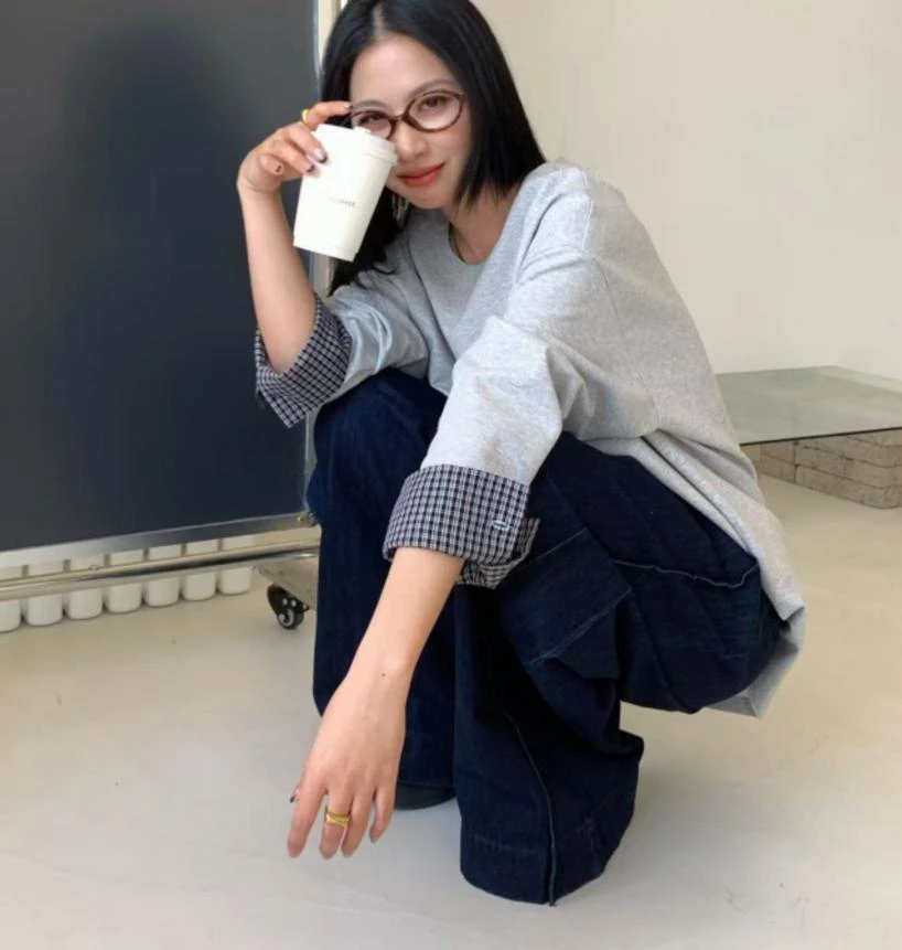杨杨 DH-袖口拼接格子休闲长款随身卫衣23058