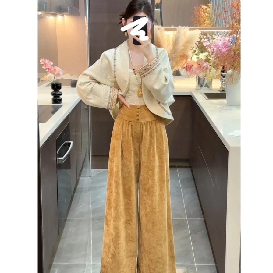2025秋冬新款新中式茧型提花刺绣外套+高腰丝绒阔腿裤两件套女