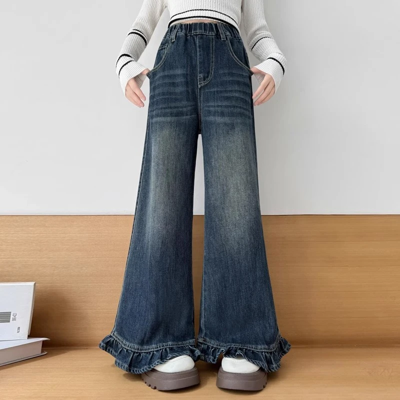 女大童牛仔裤2025新款秋装儿童女孩直筒裤子女童春秋初中生阔腿裤