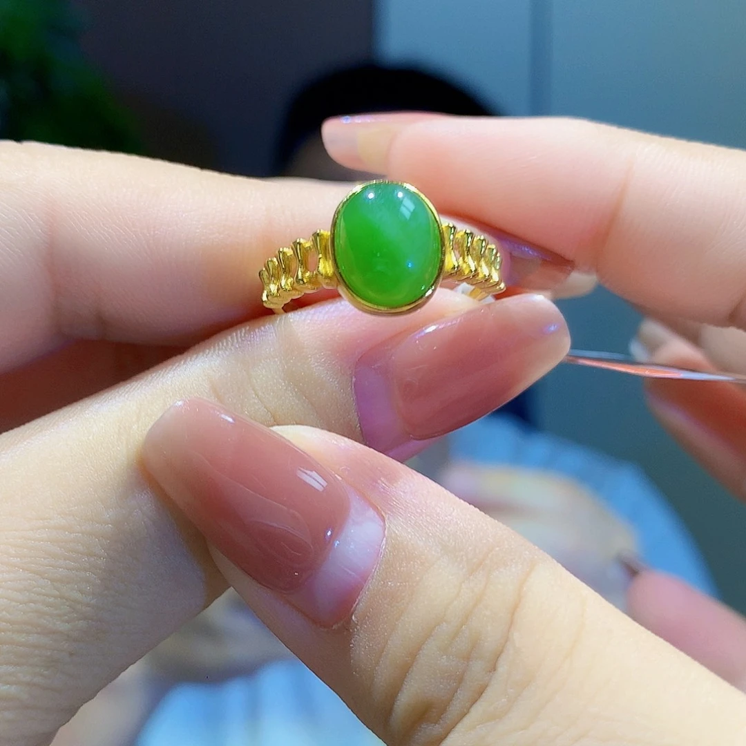 和田玉（碧玉）戒指银S925镀金镶嵌