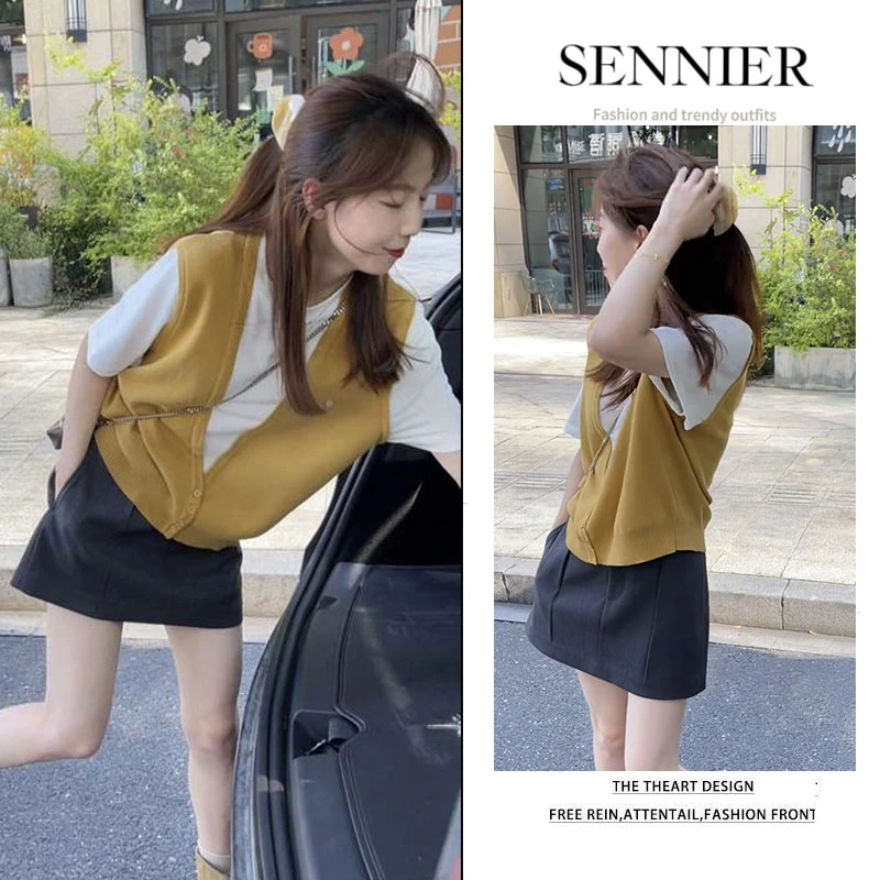 早秋温柔穿搭女2025新款洋气假两件拼接马甲短袖百搭半身裙两件套