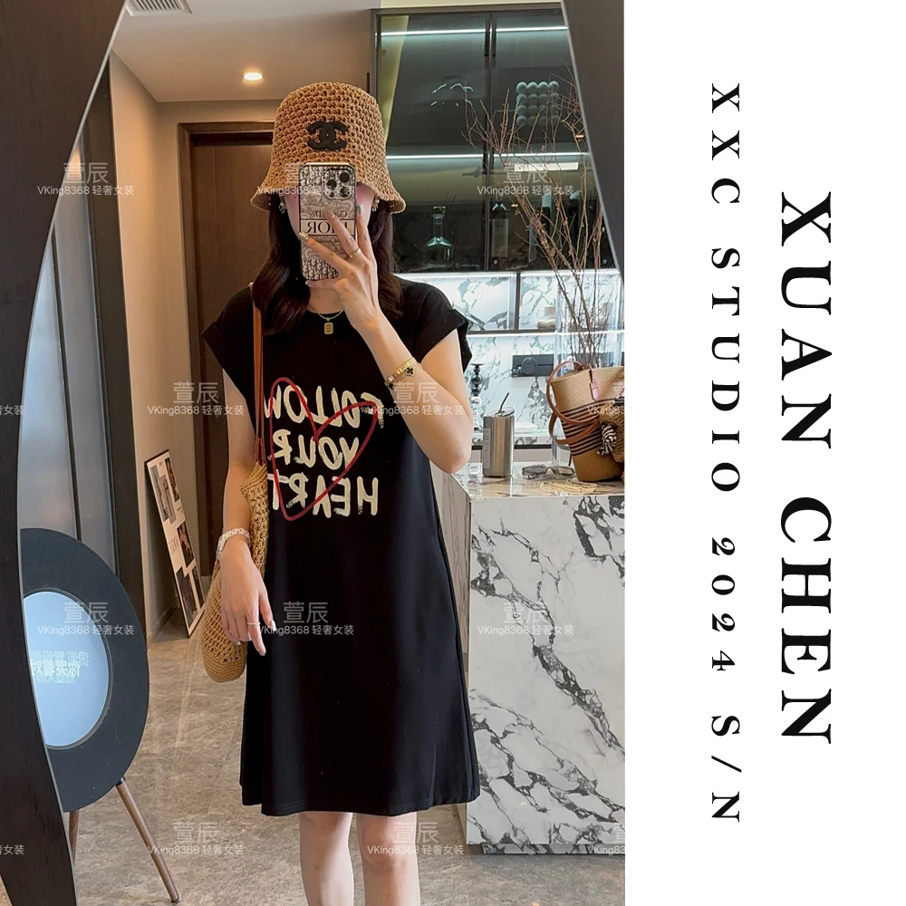 【半夏山峰】韩版设计感黑色宽松连衣裙时尚显瘦外穿慵懒T裙#3195