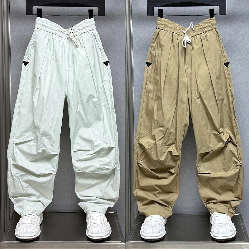 夏季薄款潮牌褶皱户外速干运动伞兵裤男士宽松青年帅气直筒休闲裤