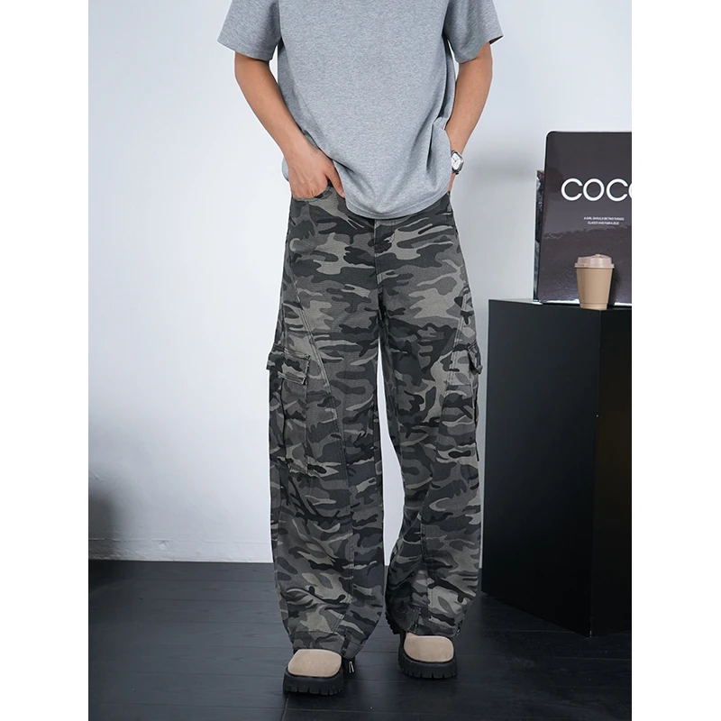 迷彩工装牛仔裤男2025春夏新款美式vintage痞帅宽松直筒阔腿长裤