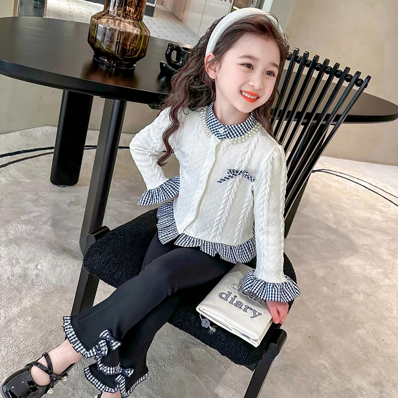 女童春秋新款花边格子小香风套装洋气时尚有气质女宝宝韩版两件套