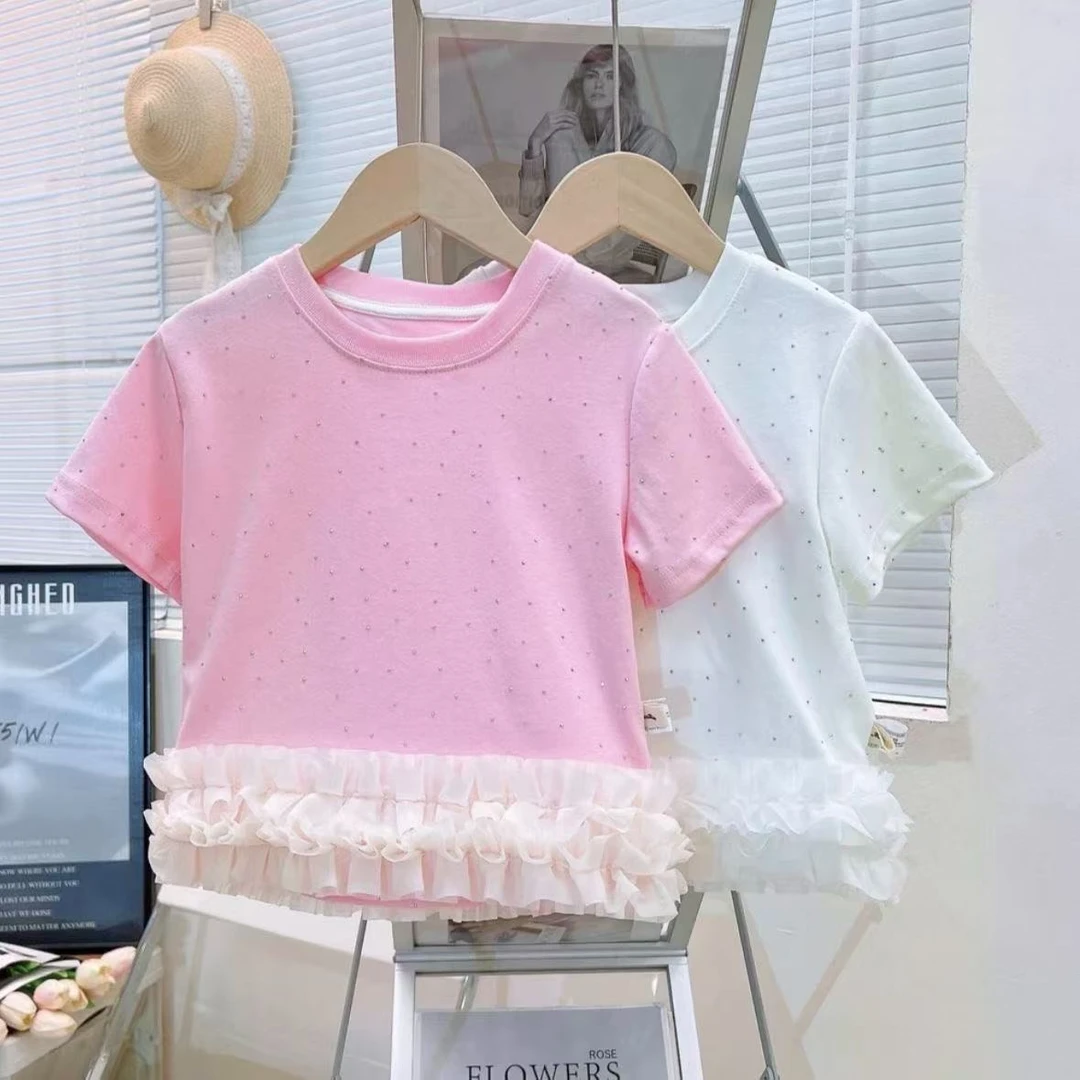 女童白色重工烫钻纯棉短袖t恤女夏季荷叶边拼接正肩短款上衣ins