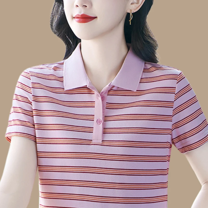 品牌polo衫条纹短袖t恤女夏季2025新款翻领大码休闲有领女士上衣