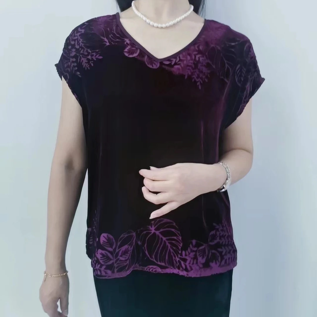 桑蚕丝10101植绒镂空坎袖优雅小衫