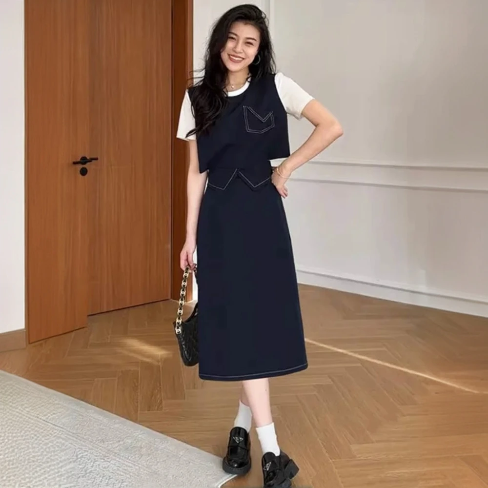 【睿智老钱】夏季立体版型明线假两件T恤+显瘦裙裤两件套