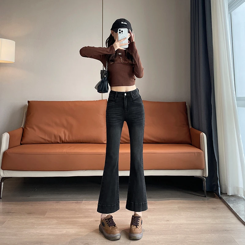 复古微喇牛仔裤女秋冬加绒2025新款小个子高腰修身显瘦九分喇叭裤