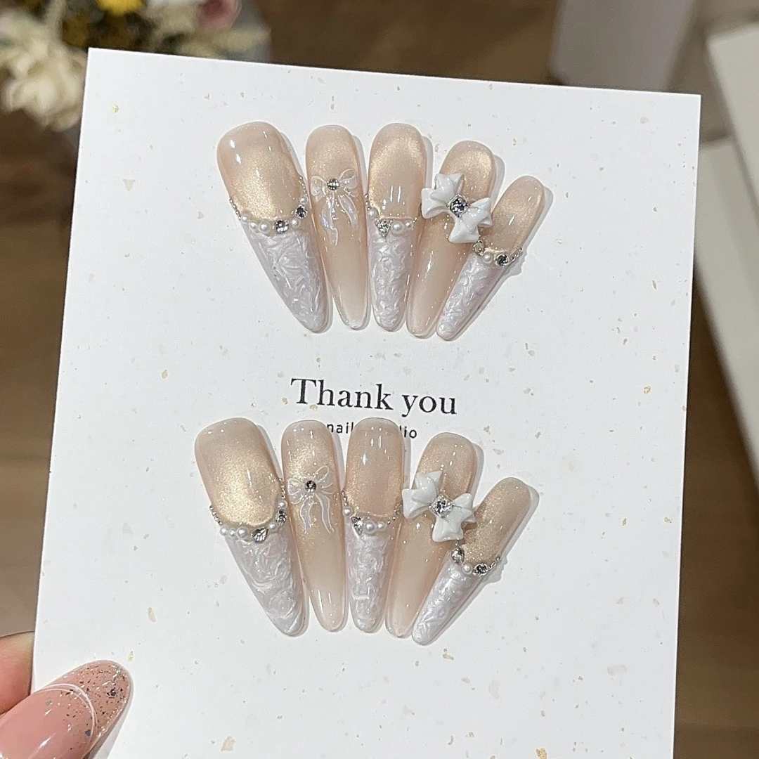 纯手工定制蝴蝶猫眼新娘结婚穿戴甲美甲贴片简约可爱新娘长款新款