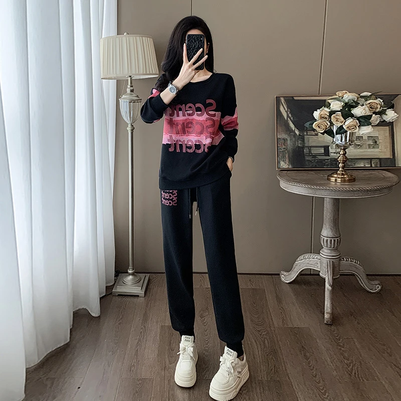 潮牌欧货洋气时尚休闲套装女秋冬网红显瘦长袖卫衣卫裤运动两件套