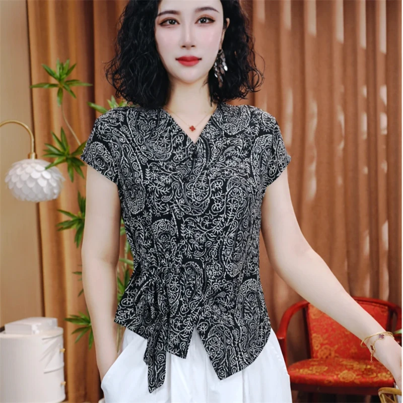 夏季新款休闲洋气短袖气质百搭V领显瘦开衫扣上衣小衫