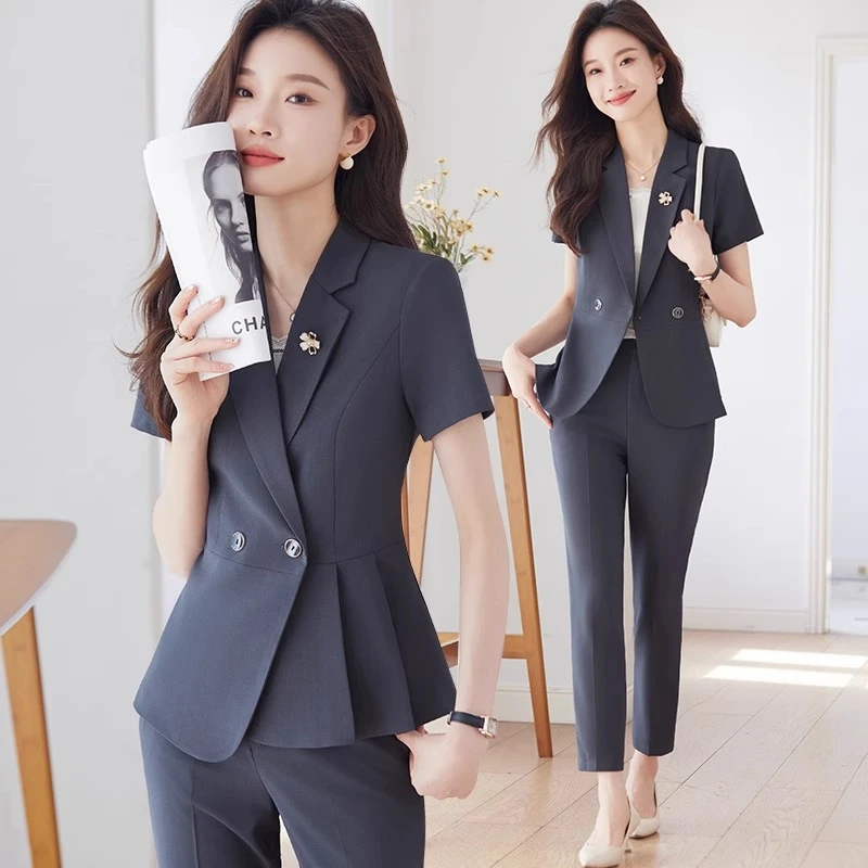 灰色短袖西装套装女夏季薄款职业正装小个子气质前台美容院工作服
