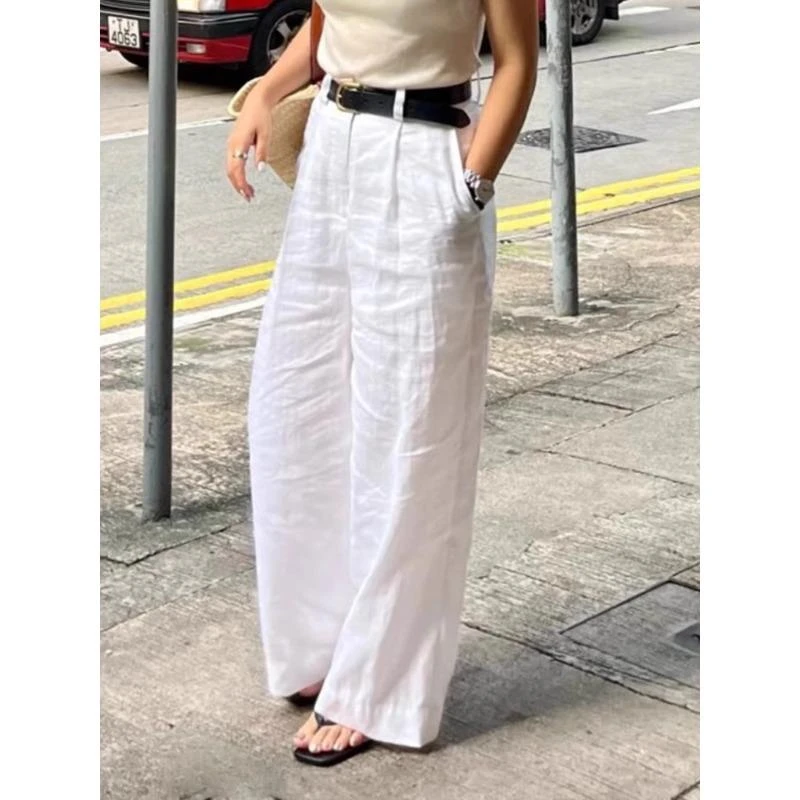 早秋白色亚麻阔腿裤女春夏百搭宽松高腰显瘦垂感休闲直筒拖地长裤