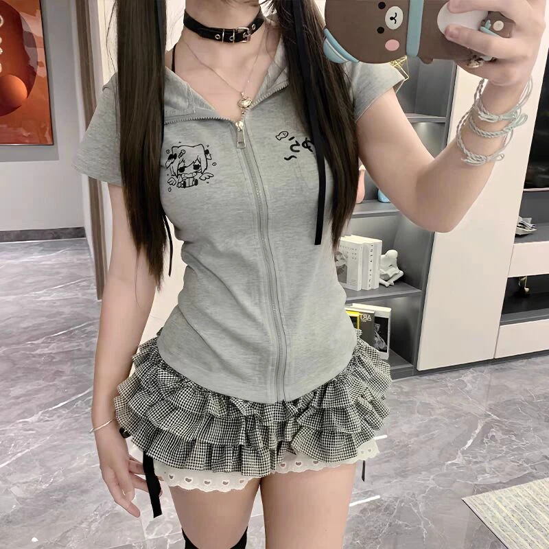 日系可爱辣妹修身亚文化百搭猫耳朵连帽短袖拉链防晒衣女款外穿