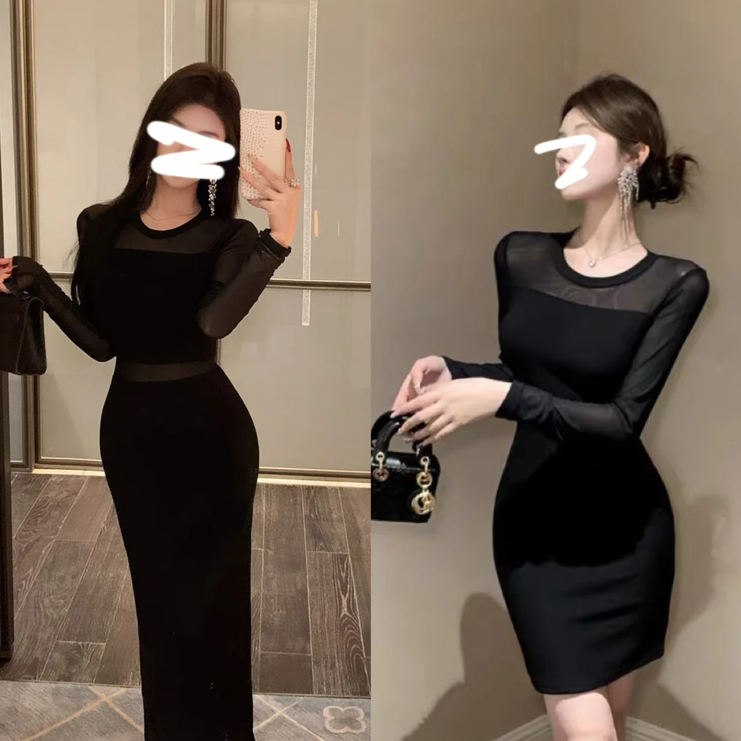 2025年新款赫本风高级感透视网纱拼接连衣裙2986-1