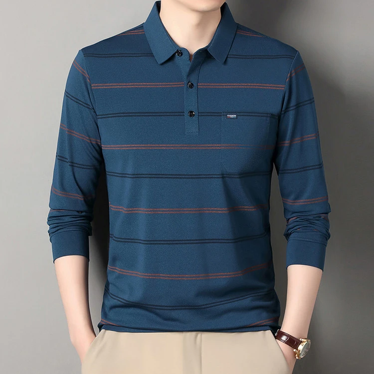 正品实拍新款棉质长袖T恤翻领口袋条纹爸爸春秋中年男士POLO上衣