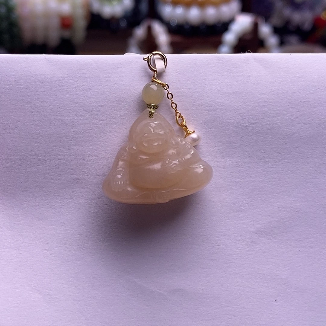 颈饰未镶嵌和田玉收藏级熟藕粉脂膏级老矿料红粉佛公吊坠