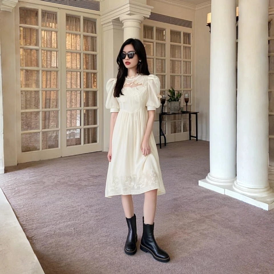 爱居兔女装刺绣结合吊带打底短袖连衣裙EQLBJ2M037A