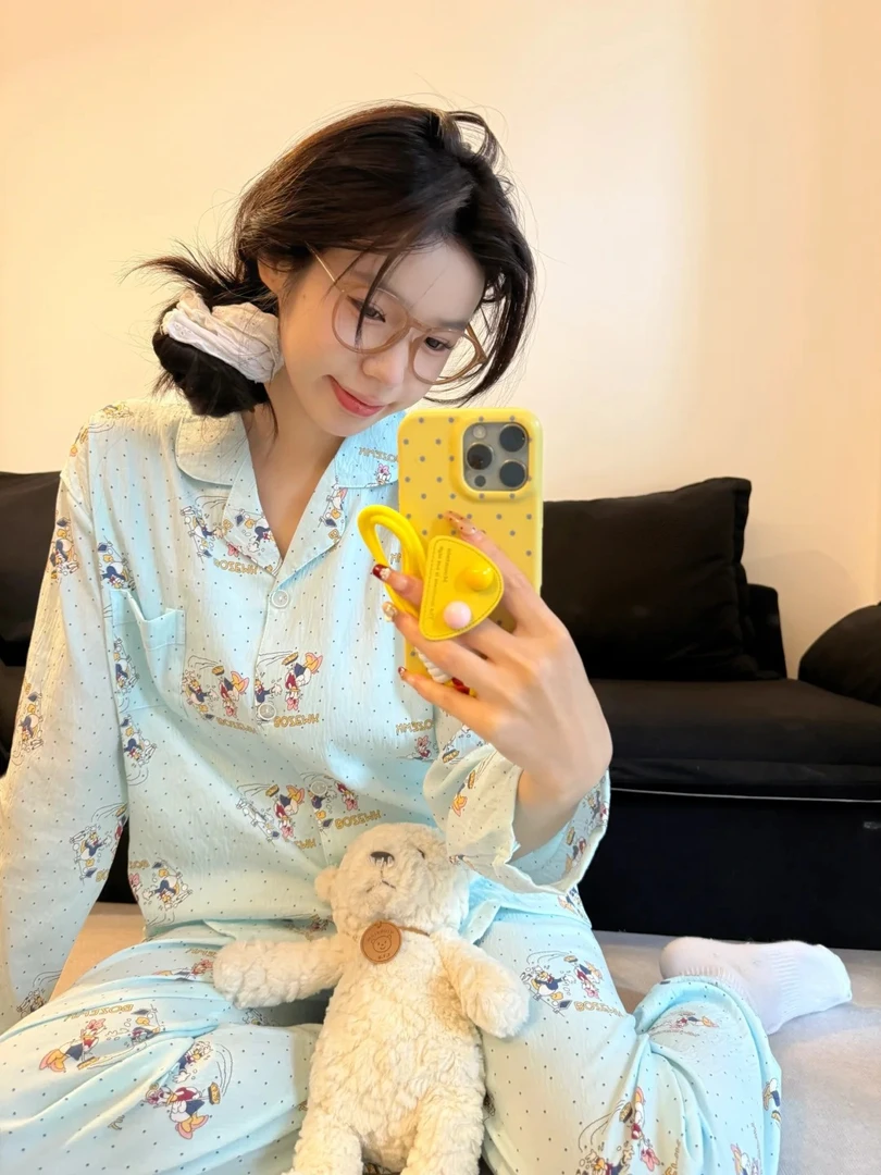 【网红同款】卡通趣味小鸭长袖睡衣女春夏2025新款大码套装家居服