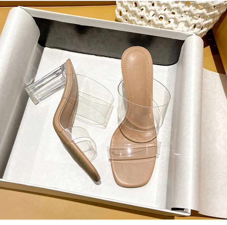 高跟鞋凉鞋女2025年夏季新款时尚透明中跟水晶鞋时装粗跟外穿拖鞋
