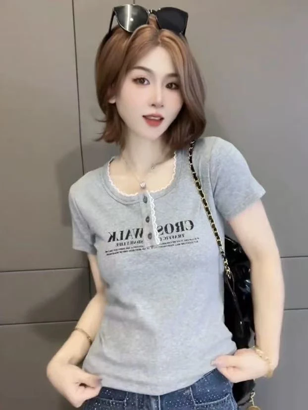 夏款美式蕾丝边字母短袖上衣5811