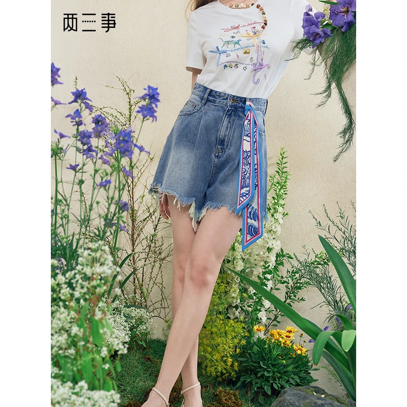 两三事森屿邮差丝带装饰手钩花拼接毛边裤脚牛仔裤S25XKN680