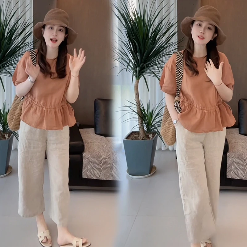 夏季减龄韩版花边时尚短袖上衣小个子洋气直筒九分裤子小众两件套