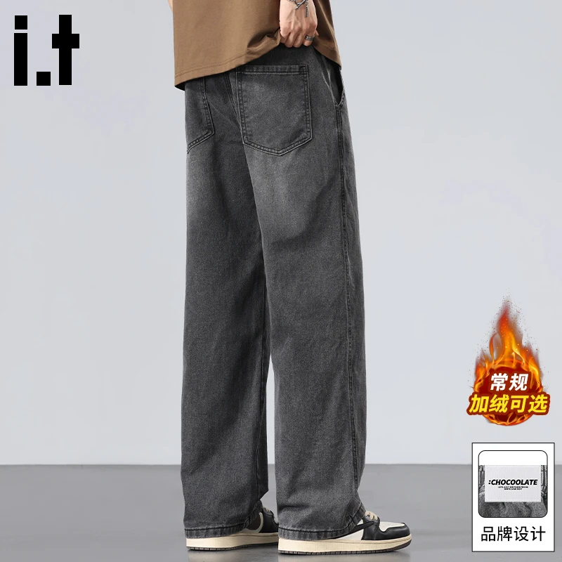 it: CHOCOOLATE烟灰色牛仔裤男2025冬季新款宽松直筒美式水洗裤子