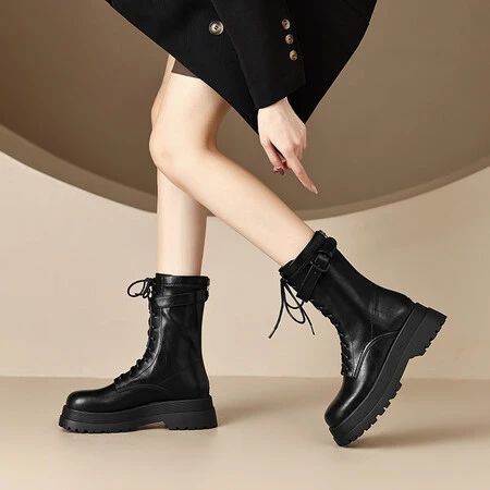 鹿与奈良西海岸女孩~真皮厚底机车马丁靴女中筒靴骑士靴短靴子冬