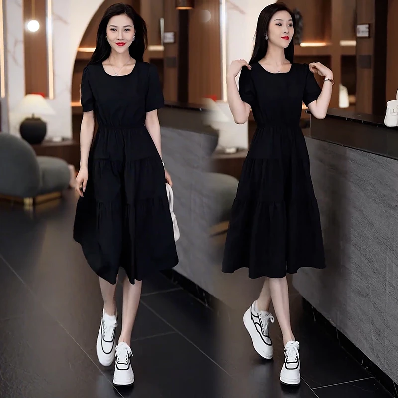 法式时尚雪纺连衣裙女2025年夏季新款修身显瘦中长款圆领A字裙潮
